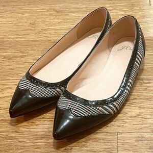 J. Crew Pointed-Toe Spectator Patent Leather Flats in Black, Red, White Plaid. 8